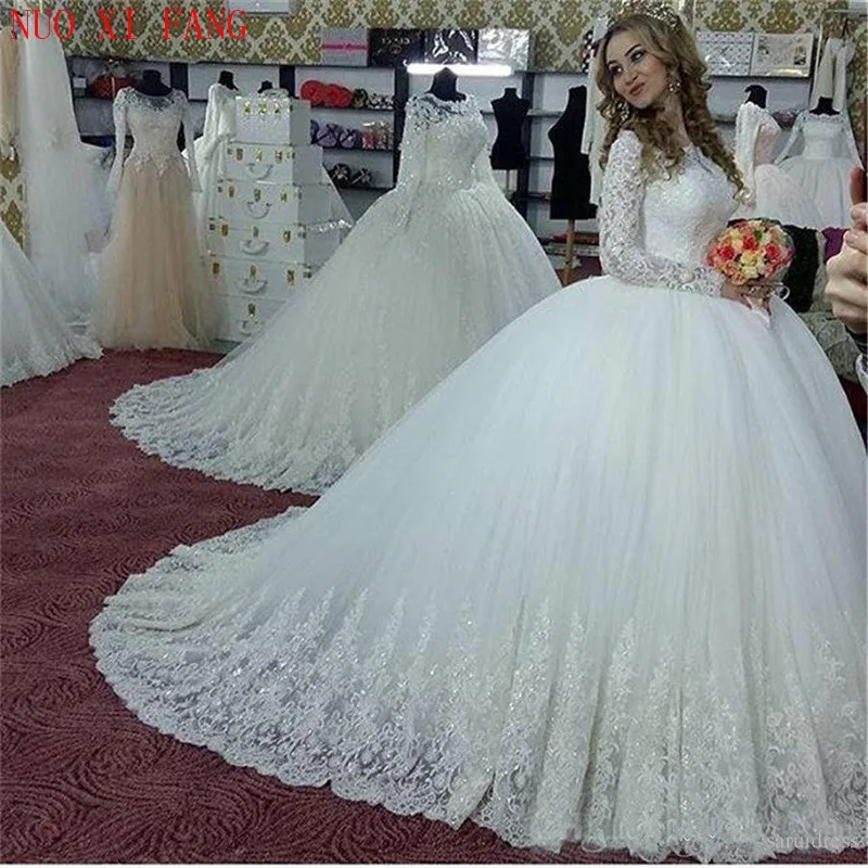 Customized Vintage Long Sleeves Arabic Wedding Dresses Appliques Sequins Bride dress Ball Gown vestido de noiva robe de mariee