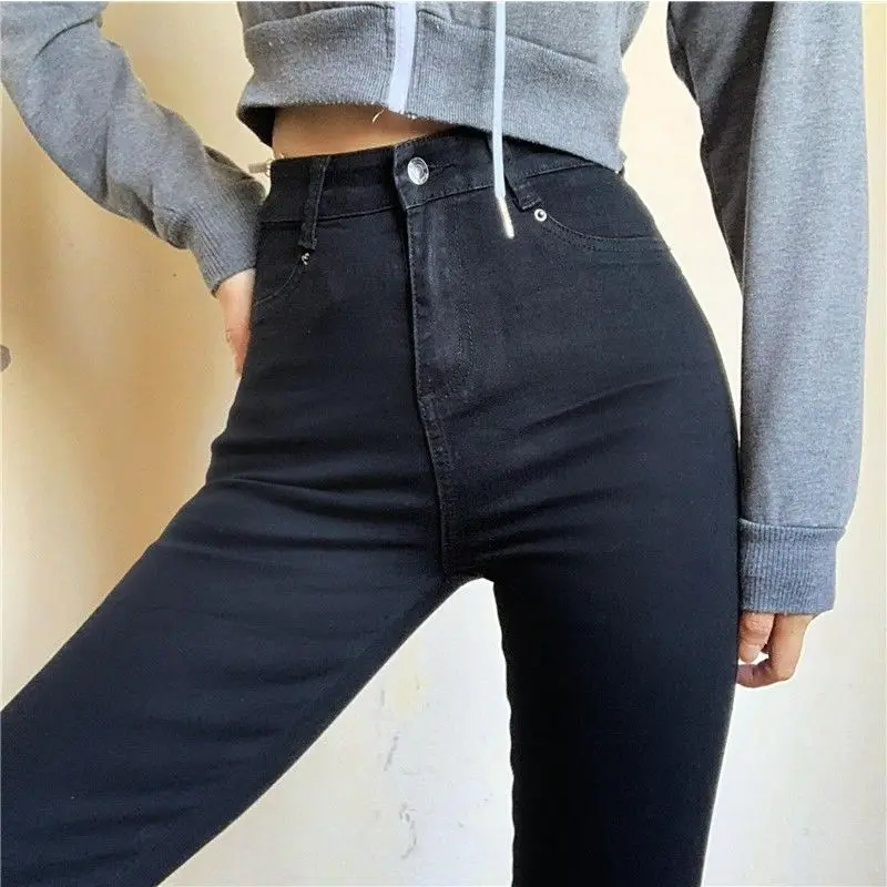 Classic Vintage Buttocks Black Gray Jeans for Women High Elastic Mom Jeans Female Washed Stretch Denim Pencil Pants clothes 40