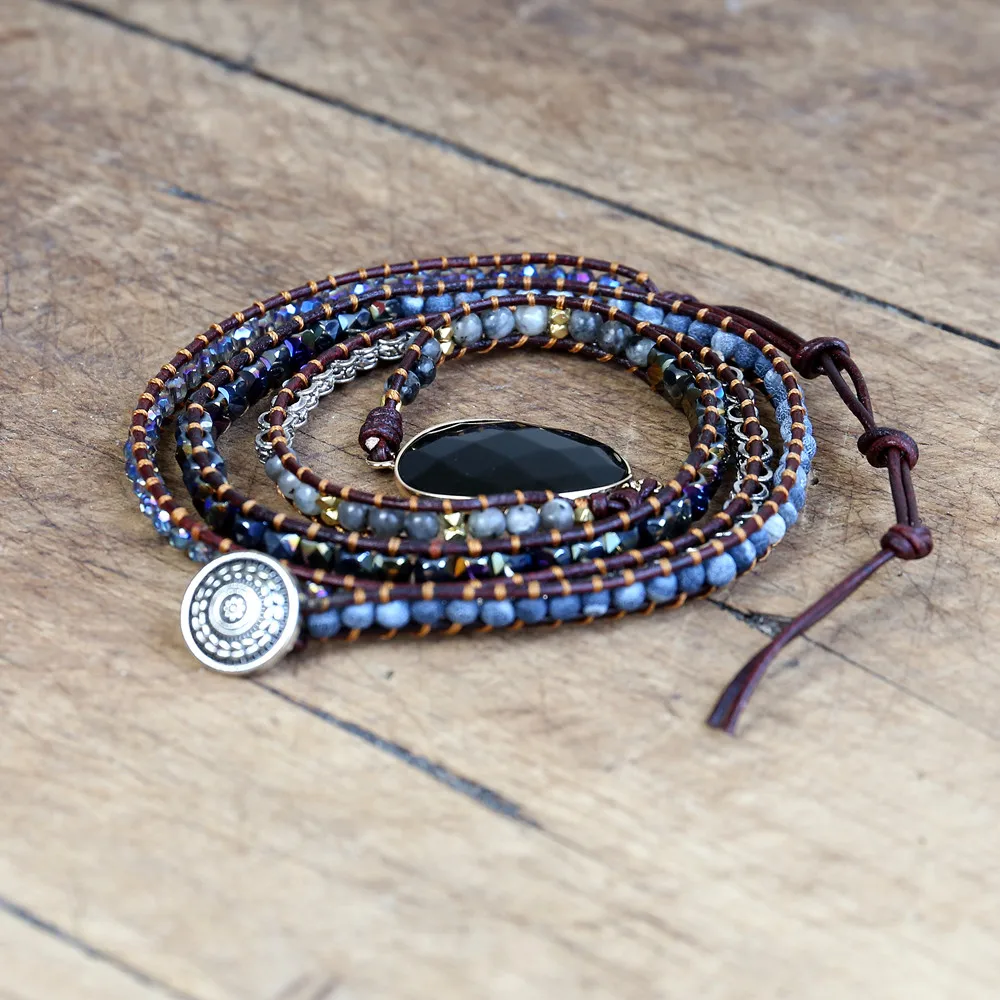 Handmade Jewelry Leather Bracelet Black Onyx Mix 5 Strands Woven Wrap Bracelet Women Beads Bohemia Charm Bracelet