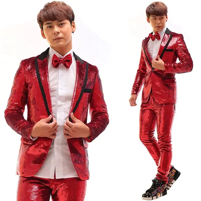 Male Singer Bar Stage Sequins Suit Blue Red Blazer Pants 2 Piece Set Band Nightclub Concert Performance Clothes Evening Costume