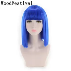 WoodFestival Synthetic Hair Short Wig With Bangs Cosplay Wigs For Women Straight Bob Pink Red Brown Blue Green White Purple Grey