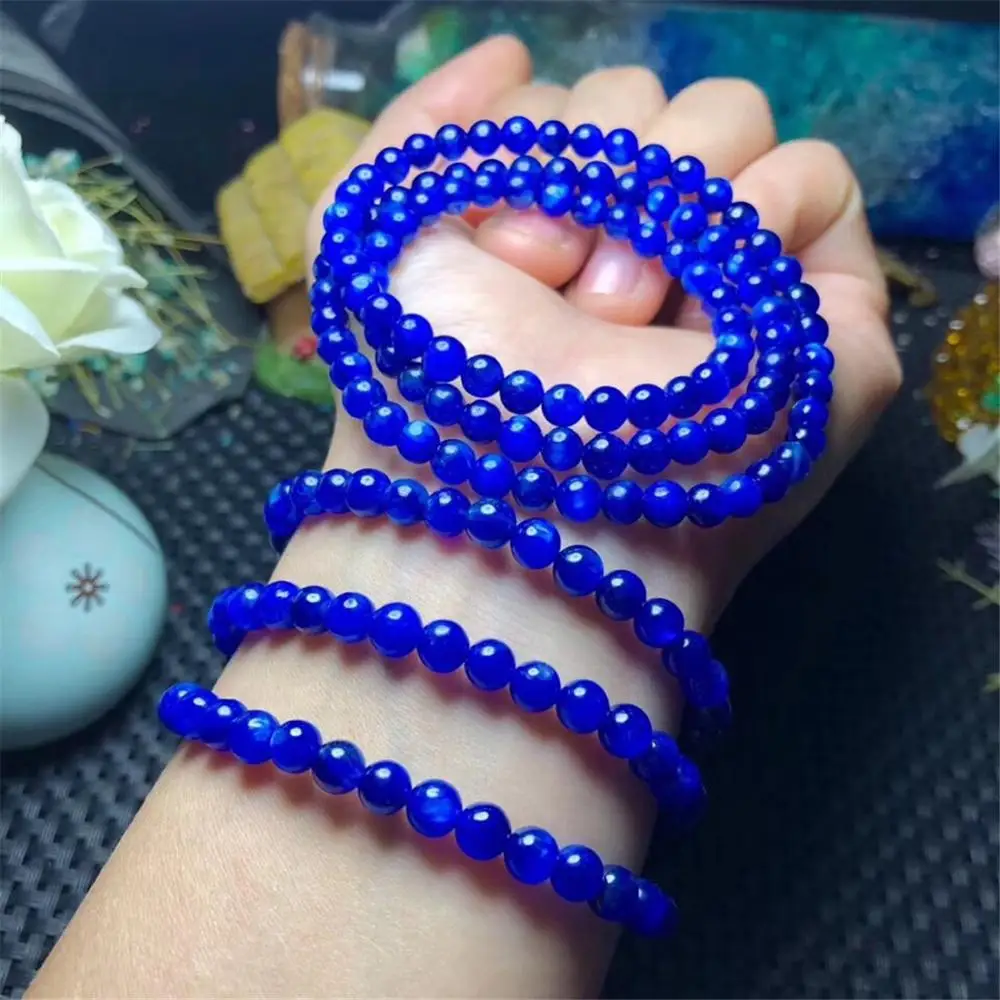 5mm Natural Royal Blue Kyanite Beads Bracelet For Women Men Wealth Energy Crystal Cat Eye Three Laps Round Beads Jewelry AAAAA