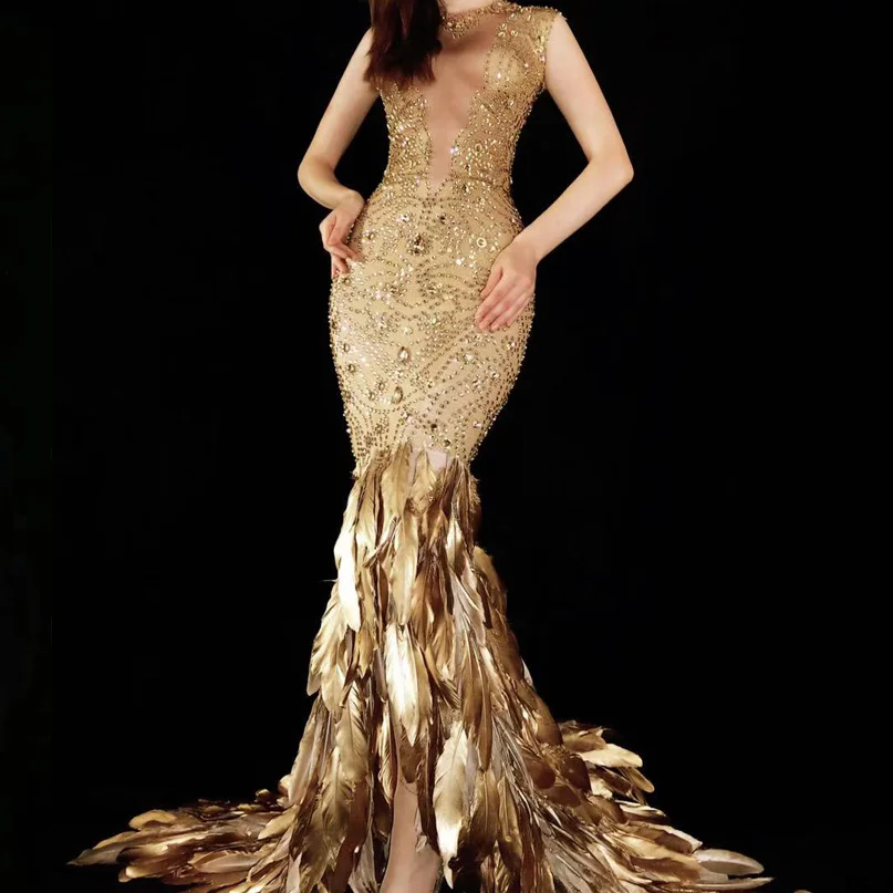 Luxury gold feather dress long evening dresses party girl women birthday celebrate outfit dj singer stage performance show wear