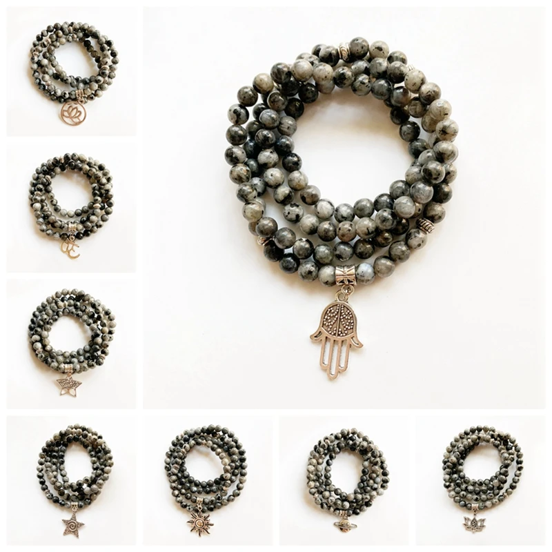 6mm Black Labradorite Stone Mala Necklace 108 Natural Buddha Prayer Beads Necklace Knotted Spiritual Charms Bracelet 1pc