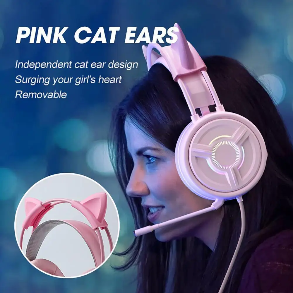 PSH-200 Wired Headphone with Mic Intelligent Chip Stereo Sound Effect Noise Reduction Cat Ear Shape HiFi Head-mounted Earphone