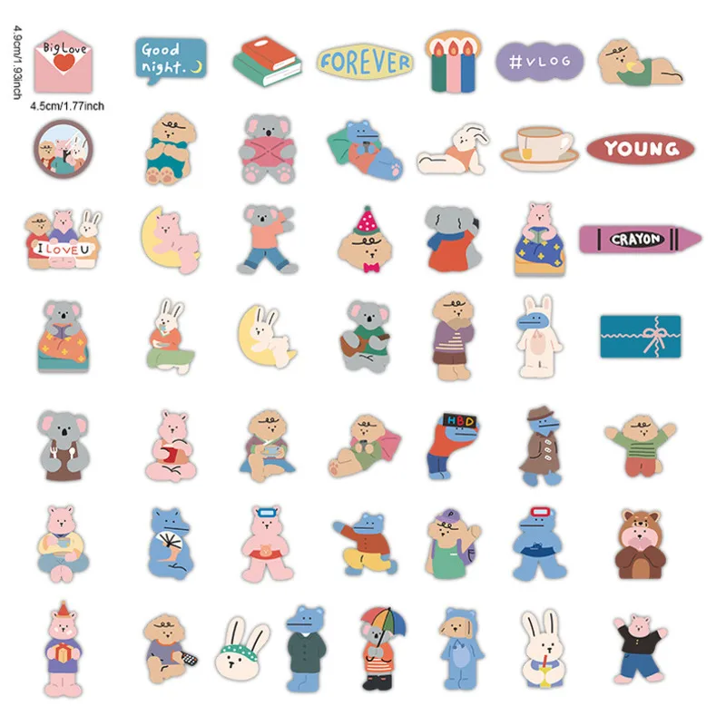 Korean Ins Cartoon Animals Cute Stickers Waterproof 50 Pcs Suitcase Mobile Phone Stationery Creative Graffiti Decorative Sticker