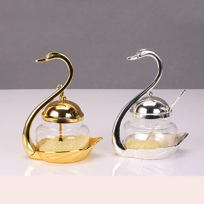 Unique Swan Jars European Style Gold Silver Finish Metal Glass Salt/Sugar/Tea/Coffee Jar Tableware Dinnerware Home Table Decor