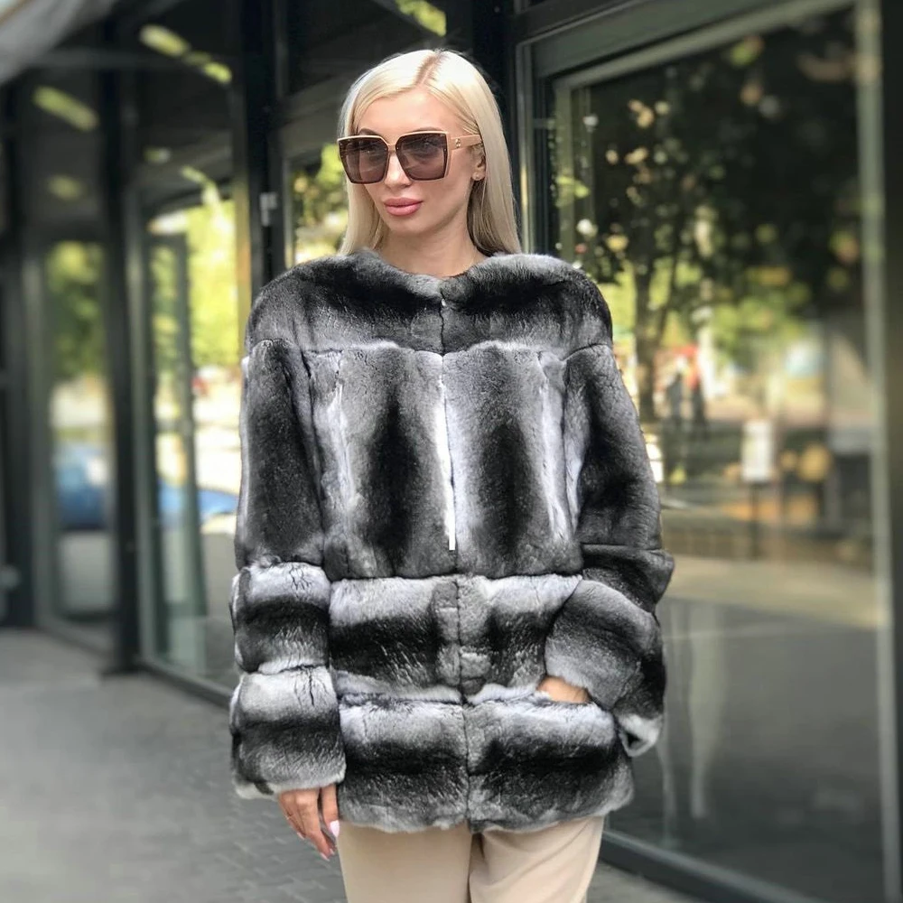 Medium Length Real Rex Rabbit Fur Jacket Round Collar Thick Warm Winter Fur Overcoats Female Full Pelt Rex Rabbit Fur Coat Woman