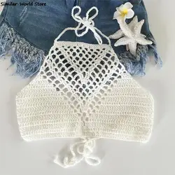 2021 nowe Bikini Top szydełka kobiety Boho plaża Bralette stałe Halter dzianiny strój kąpielowy Bikini strój kąpielowy góry