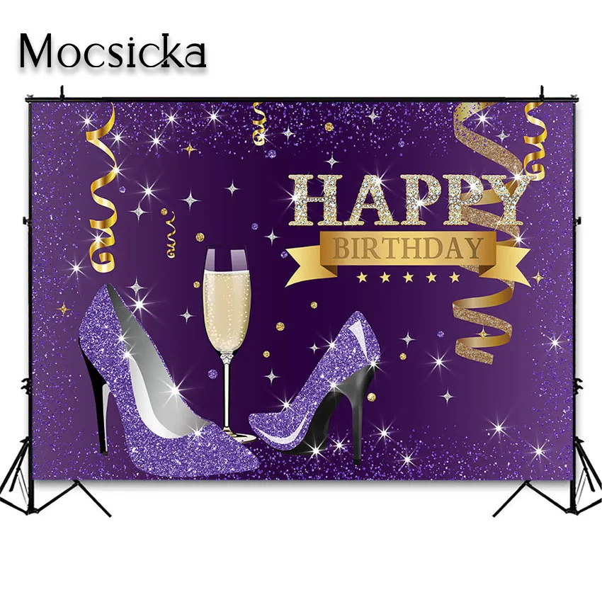 Mocsicka Gold Purple Birthday Backdrops Purple Balloons High Heels Champagne Adult Women Birthday Party Decoration Photo Shoot