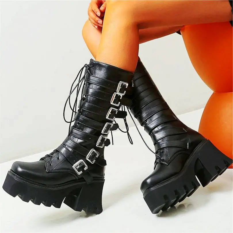 Platform Shoes Women's Punk Strap Buckle Mid Calf Boots Ankle High Heels Round Toe Creepers Oxfords Goth 34 35 36 37 38 39