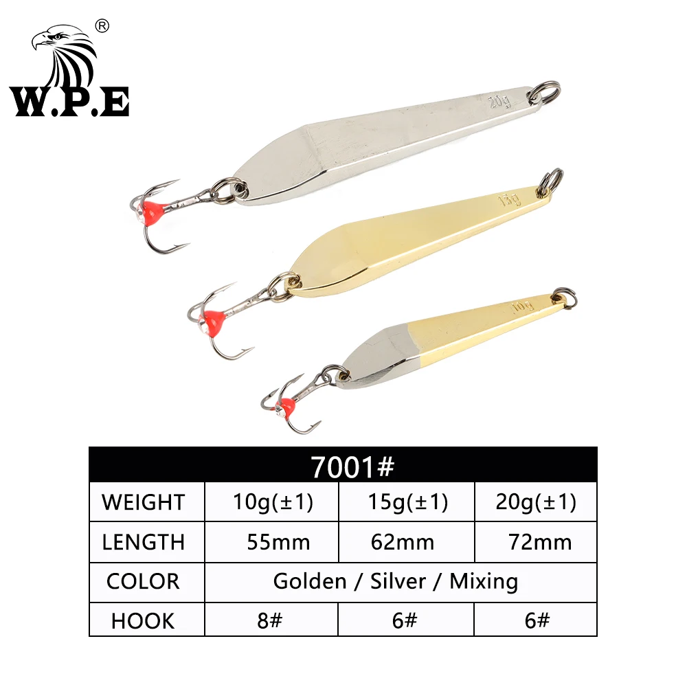 W.P.E Ice Fishing Lure 1pcs 5g/10g/15g/20g Hard Fishing Lure Treble Hook 8#/10#/12# Metal Spoon Lure Balancers Wobbler Pesca