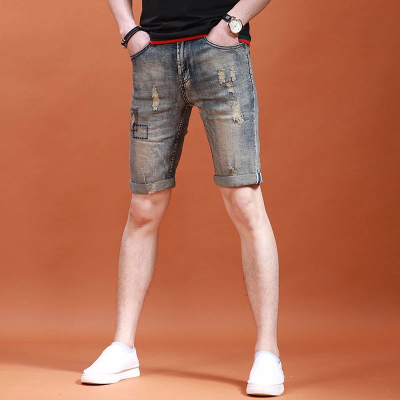 Men's Vintage Blue Ripped Short Jeans Fashion Geometric Embroidery Casual Streetwear Straight Denim Shorts