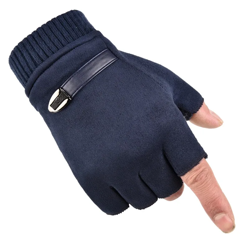 Men's Suede Leather Half Finger Gloves Plus Velvet Thermal Anti-Slip Driving Winter Gloves Male Student Write SZ050