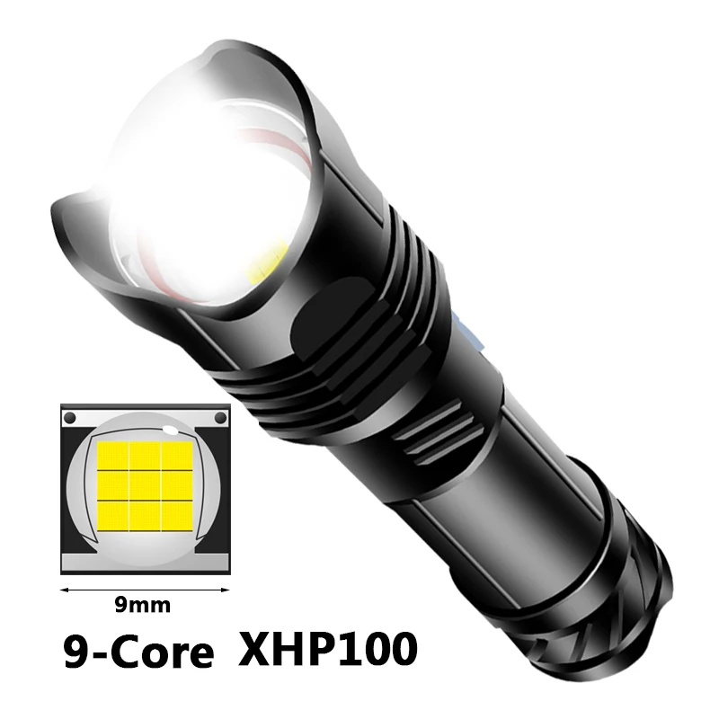 Imagem -03 - Lanterna de Led Xhp100 com Núcleos Mais Brilhante Recarregável por Usb Bateria Reserva Flash Light Alumínio com Zoom à Prova Dágua 30w