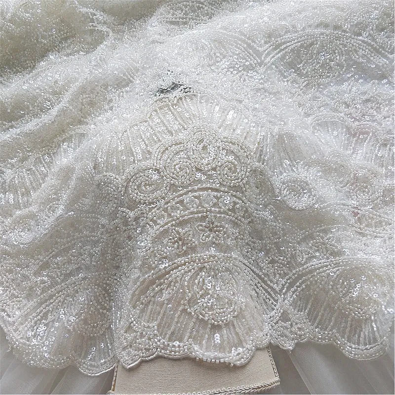 Ivory & Black Color Wedding Dress Lace Fabric Material All Beads and Sequins Heavy Luxury 1 Yard