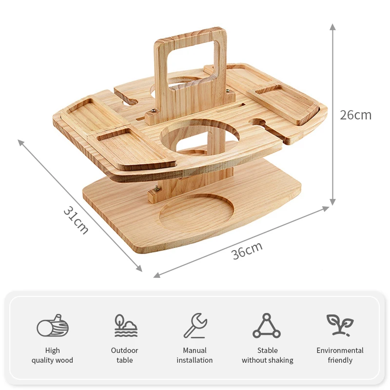 Fypo Wooden Outdoor Picnic Tables Portable Folding Wine Table Fruit Snack Tray Detachable Wine Glass Rack Camping Table