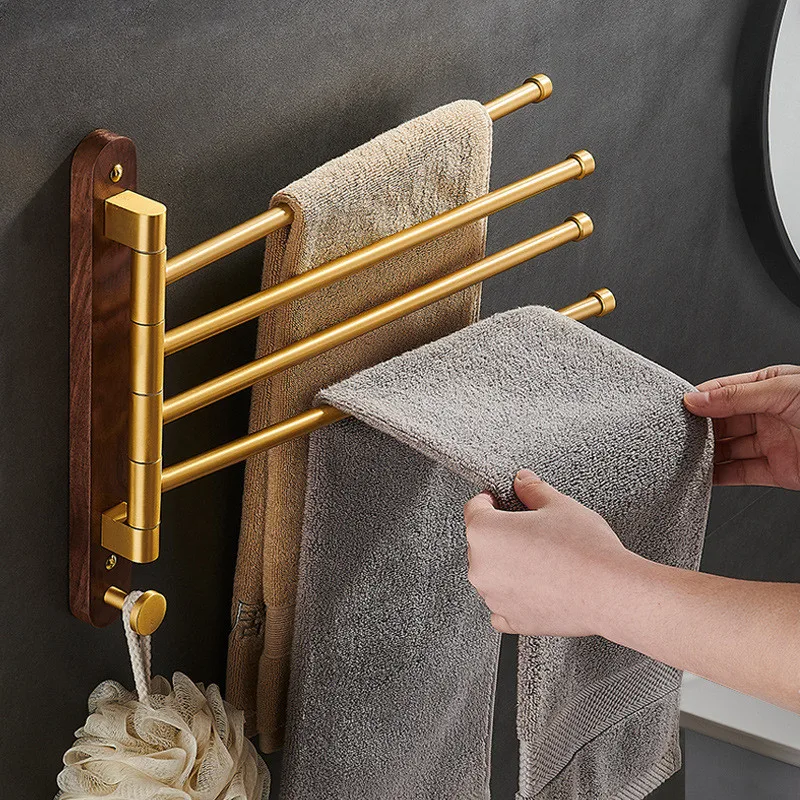 

Tuqiu Swivel Towel Hanger Brushed Gold Wood Towel Bar Wall Mounted Folding Bathroom Towel Rail Rack Bathroom Towel Holder