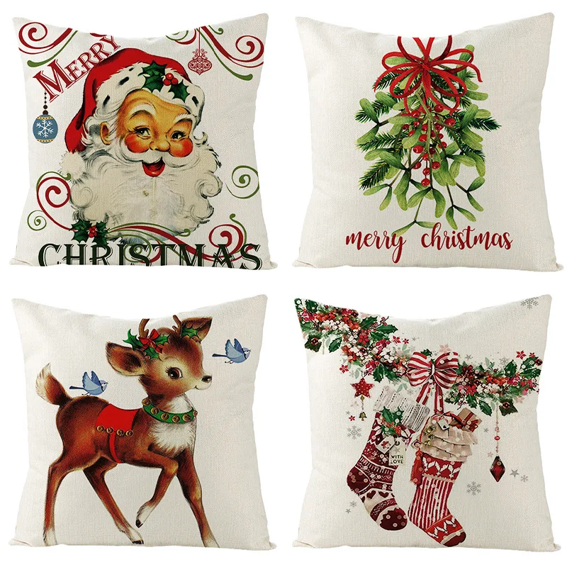 Linen Christmas Pillowcase Letters Santa Claus Christmas Trees Trucks Print Throw Pillows Home Decor Sofa Couch Cushions Cover