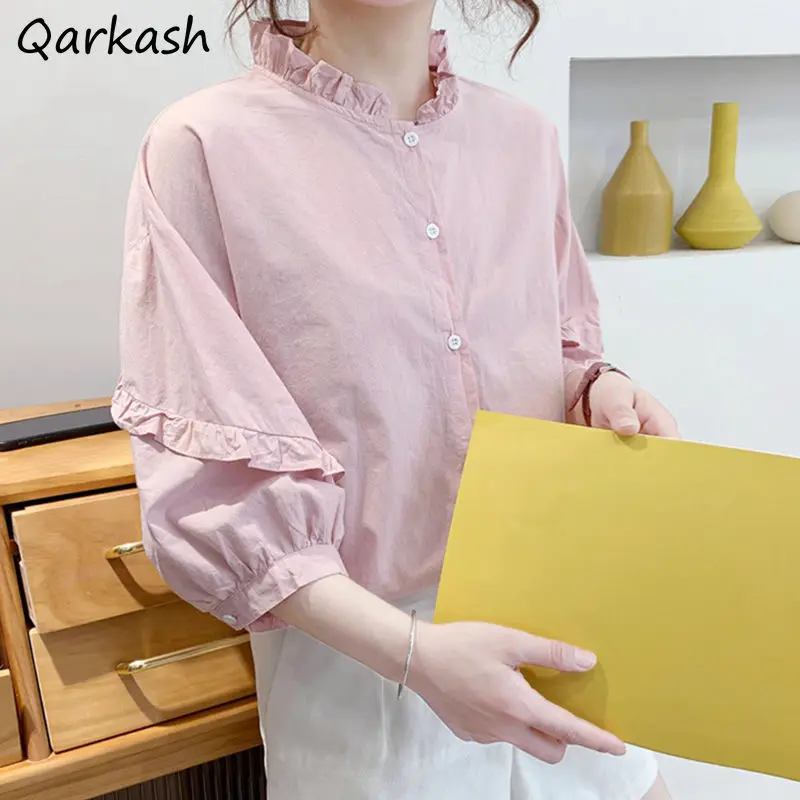 Shirts Women Spring Solid Design Korean Style Students Loose All-match Leisure Tops Sweet Popular Blusas Mujer Simple Clothing