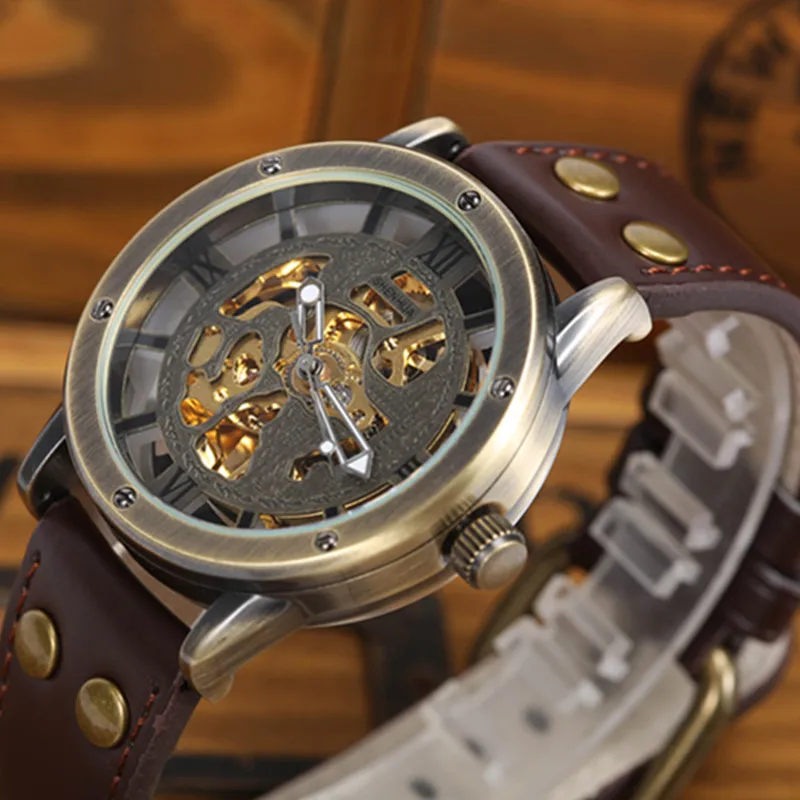 Gorben Brown/Black Leather Strap Automatic Mechanical Watch Skeleton Mens Watch Waterproof Sport Casual Male Wrist Watch