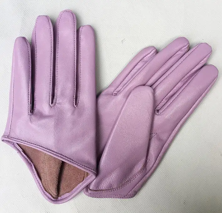 Women\'s natural sheepskin leather solid pink color half palm gloves female genuine leather fashion short driving glove R1171