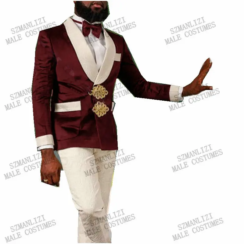 

2021 Burgundy Velvet Double Breasted Blazer Wedding Groom Suit Shawl Lapel Tuxedo For Men Wedding Suits Prom Best Man Suit