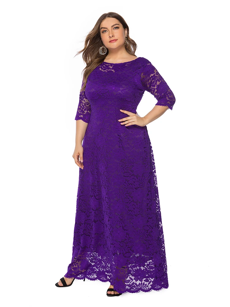 Plus Size 6xl O-hals Kant Avondjurk Uitgeholde Prom Gown Hebben Zakken Formele Jurk Half Mouw Gewaad Xucthhc 2020 nieuwe Jurk