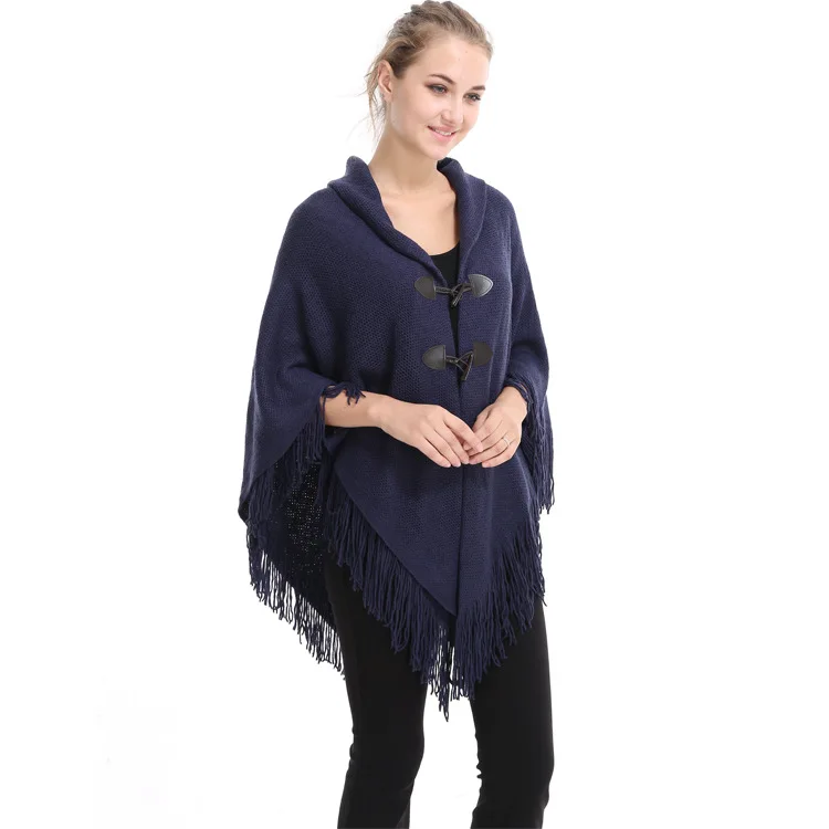 

Fashion Women Poncho Tassel Woman Pashmina Horn Buttons Shawls Scarf Female Loose Ponchos Wrap Wool Cape Women Shawls