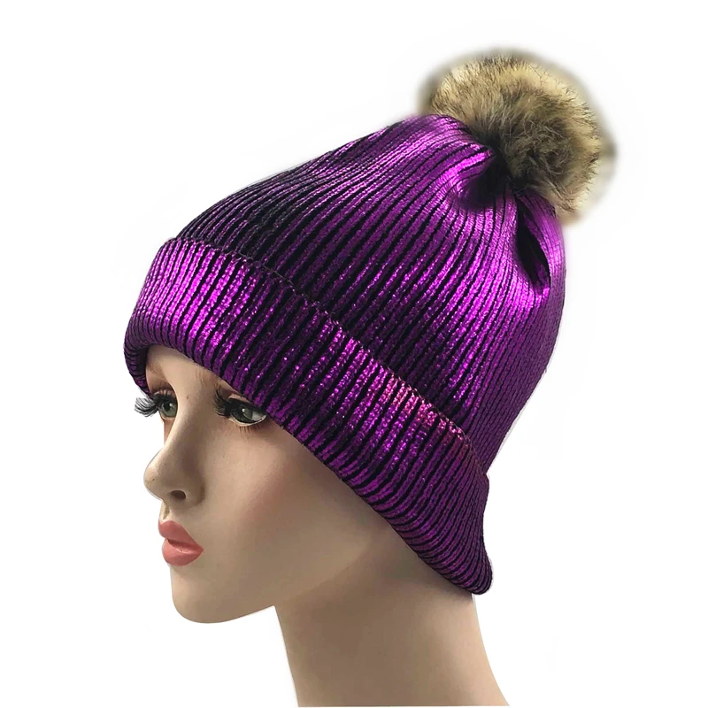 New Winter Metallic Pink Ball Beanie Hat For Women Fluffy Double Faux Fur Pom Pom Knitted Skullies Beanie With Pompom Ski