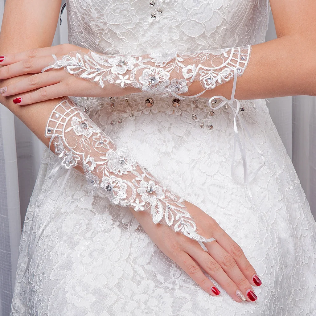 Fingerless Lace Luvas De Noiva Com Contas, Fantasia Cristal Cotovelo Comprimento, Sexy Noiva Festa De Casamento