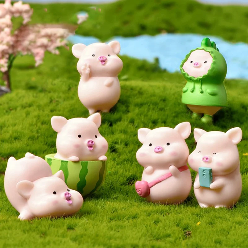 7pcs/set Creative Cute Cartoon Pig Animal Doll Toy Model Statue Figurine Ornament Miniatures Kids Play Toys