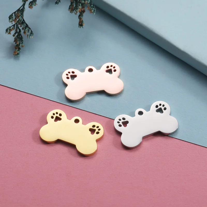 100% Stainless Steel Dog Bone Charm Blank For Engrave Metal Dog Bone Tag Charms With Dog paw Mirror Polished Wholesale 10pcs