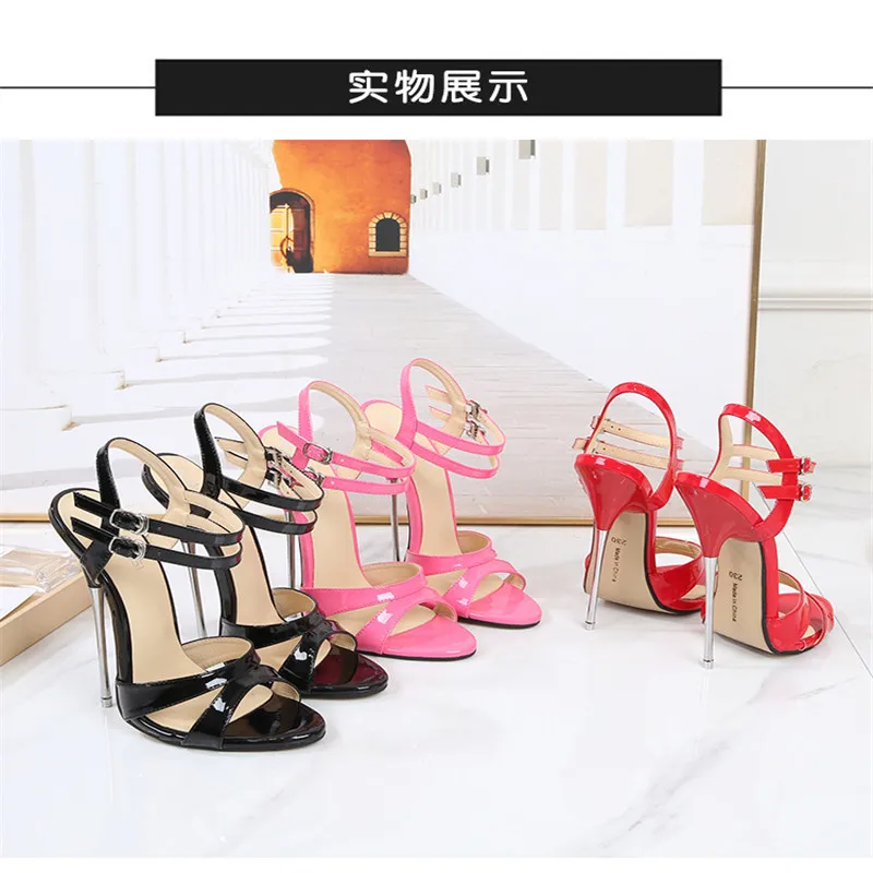 16cm High Heels Ladies Sandals Large-Size Woman Pumps Stiletto Heel Show Modeling Party Summer Ankle Strap Color Panel Extreme