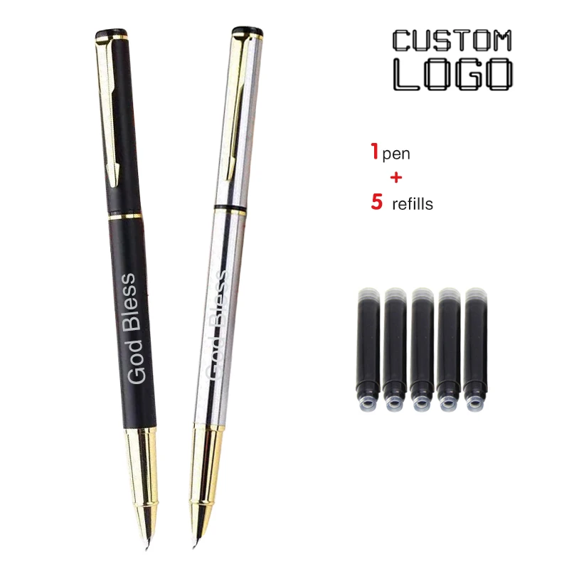 

1 Pen + 5 Ink Sacs Custom Logo Elbow Metal Pen Practice Calligraphy Signature Fountain Pen Business Advertising Office Supplies