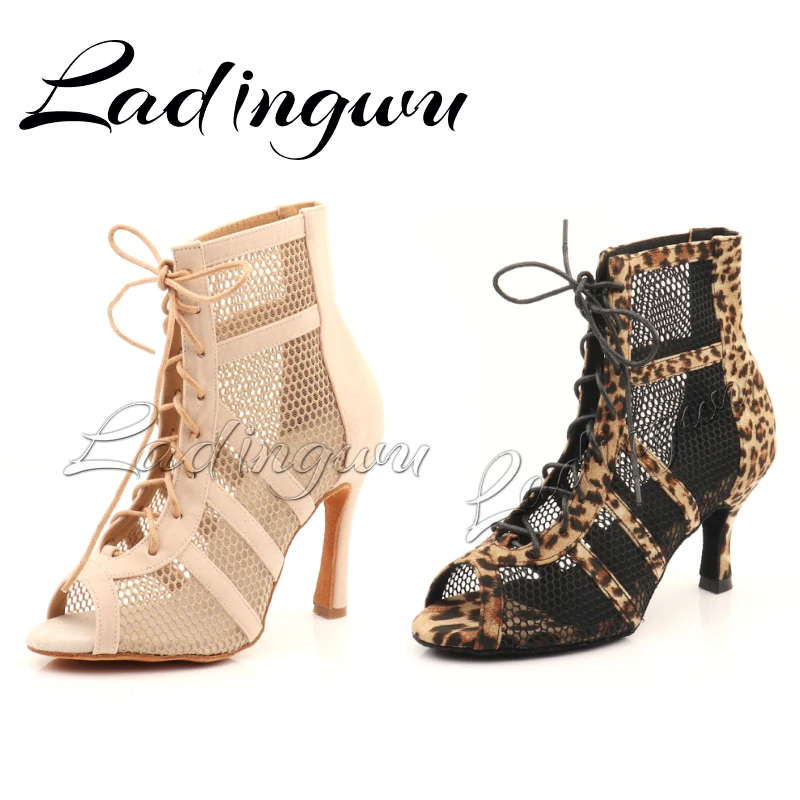 Ladingwu Neue Latin Dance Stiefel Damen Mädchen Salsa Beige und Tiger-Print Wildleder Tanz Schuhe Indoor Sport Tanz Schuhe professionelle