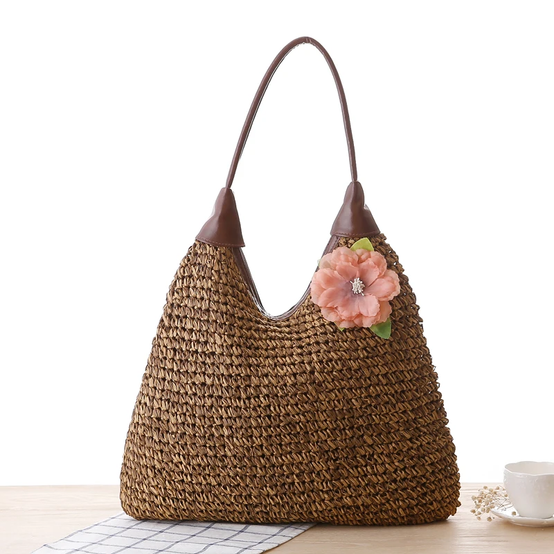 

Bohemian Flower Women Shoulder Bags Casual Rattan Straw Bag Large Capacity Wicker Woven Female Handbags Summer Beach Purse Tote