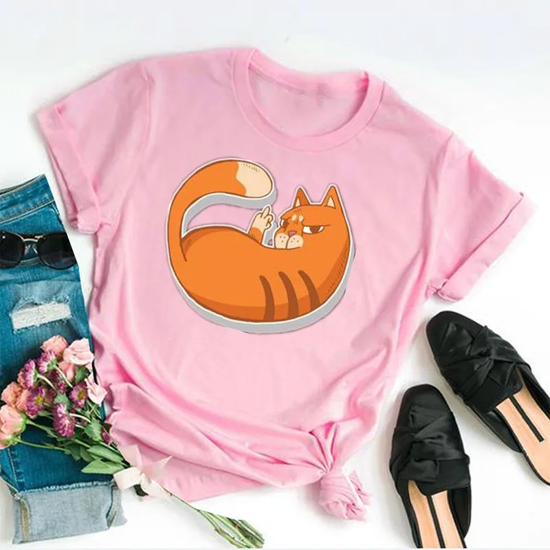 Finger Funny Cat Shirt Fashion y2k goth  Women T Shirt Harajuku Short Sleeve Mama Top Tees O Neck 100% Cotton Mother Casual