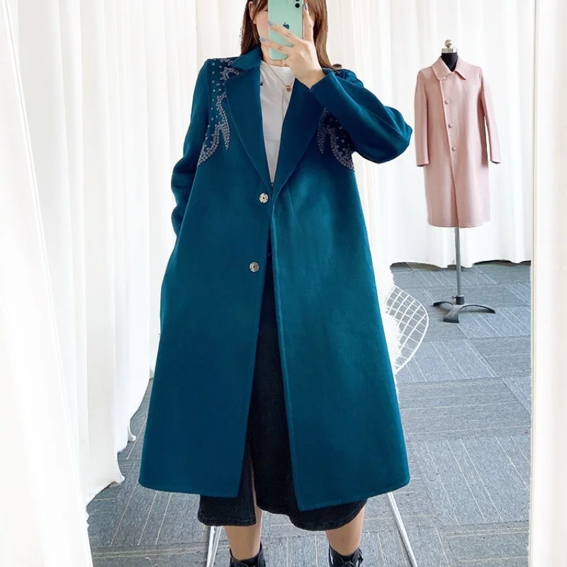 Wool Women Coat Solid Straight Loose Autumn Winter Turn-Down Collar lWindbreakers Beading Sashes Long Coat Office Lady Overcoat