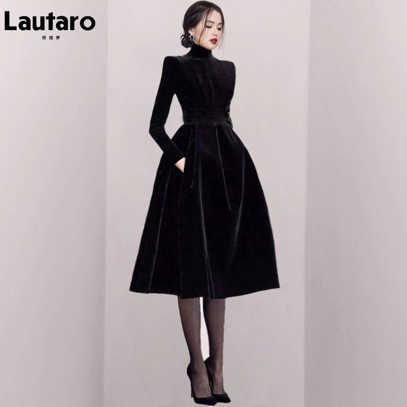 Lautaro Autumn Midi Vintage Black Velvet Party Dress Turtleneck Collar Long Sleeve Retro Elegant Luxury Evening Gowns for Women