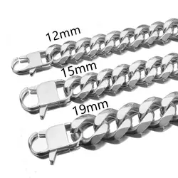12mm/15mm/17mm/19mm Stainless Steel Cuban Chain Necklace Mens Boys Silver color Link Curb Gift Jewelry 7