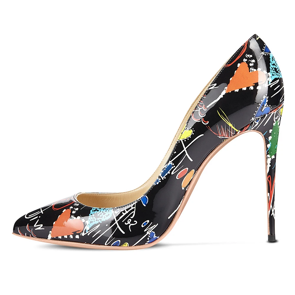 Onlymaker Women Pumps Graffiti Printing Pointed Toe 12cm High Heel Classical Sexy for Party Big Size Heels