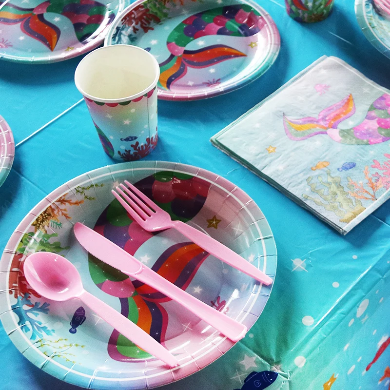 Mermaid Birthday Party Tableware Set Environmental Paper Dinnerware Disposable Cups Plates Girls Baby Birthdays Parties Decor