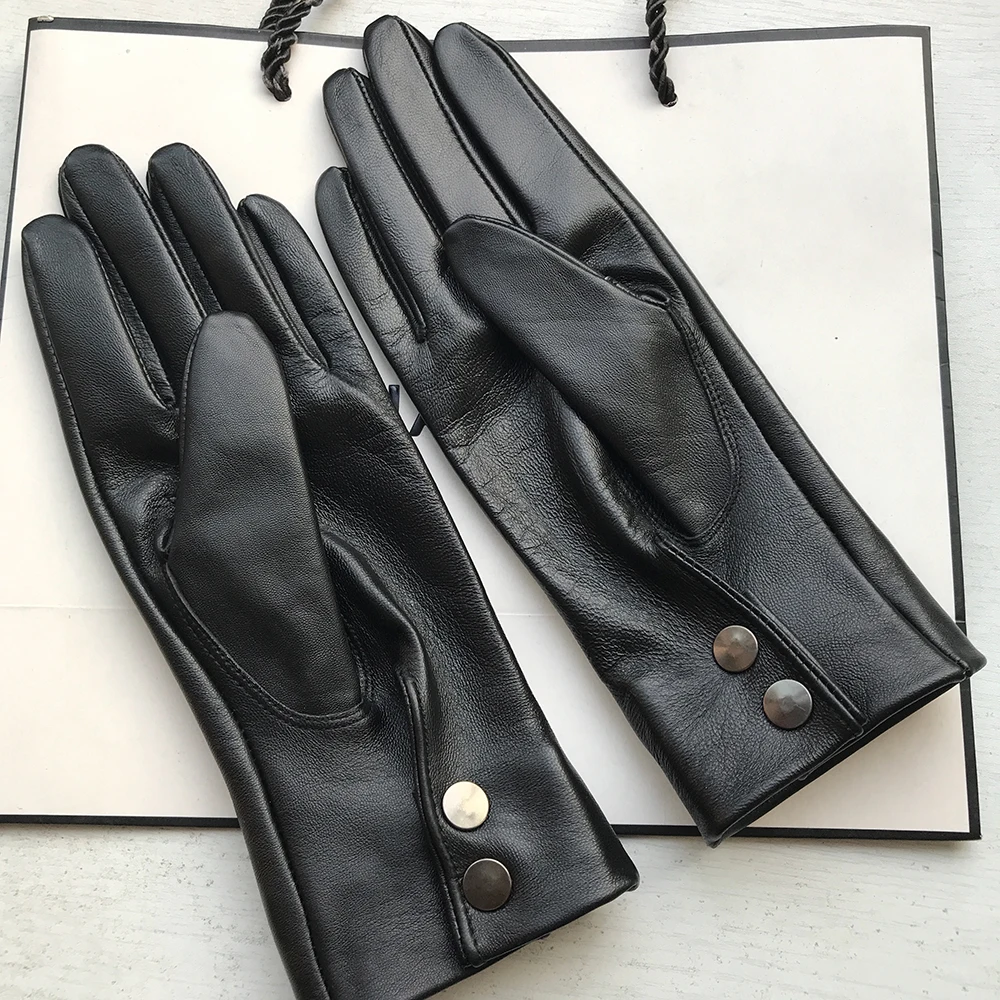 Unlined Women Genuine Leather gloves Men pure Sheepskin glove wrist button Black white 25cm Medium Long Basic