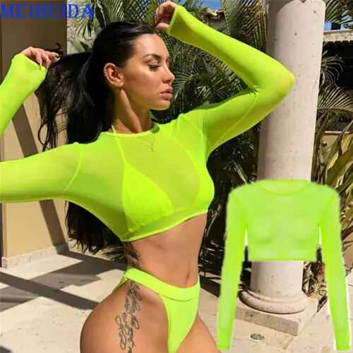 Women Beach Fishnet Mesh Cover Up Swimsuit Beachwear Women Crop Tops Tee See Through Long Sleeves T-shirt Cover Up