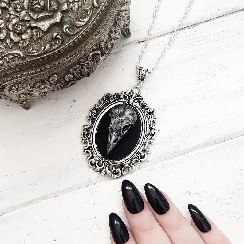 Gothic Crow Skull Cameo Necklace