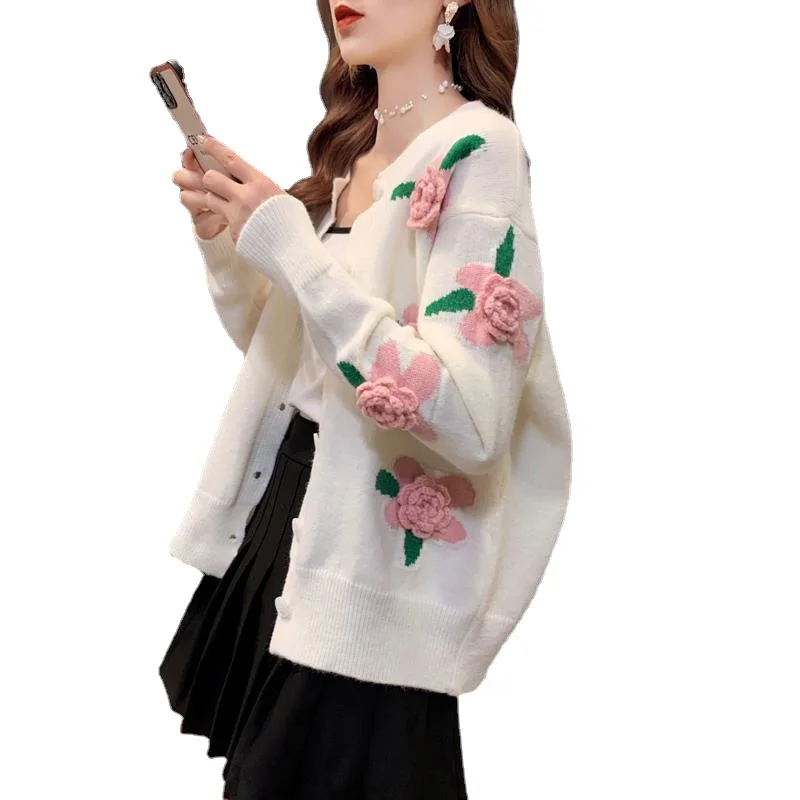

2021 New Style For Autumn And Winter Vintage Thickened Knitting Cardigan Embroidered Wool Ball Sweater Female Long-Sleeved Coat
