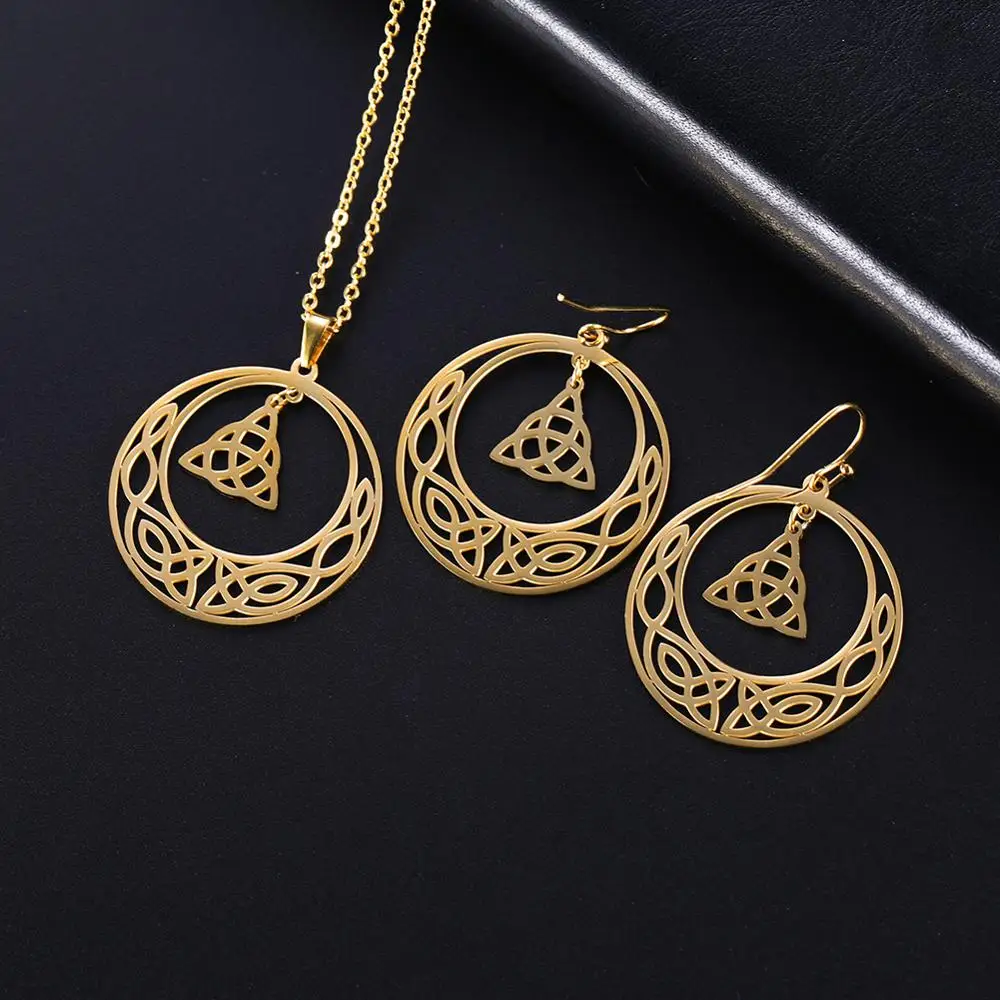 Skyrim Irish Knot Stainless Steel Jewelry Set Black Gold Color Gothic Triquetra Pendant Necklace Round Dangle Earring for Women