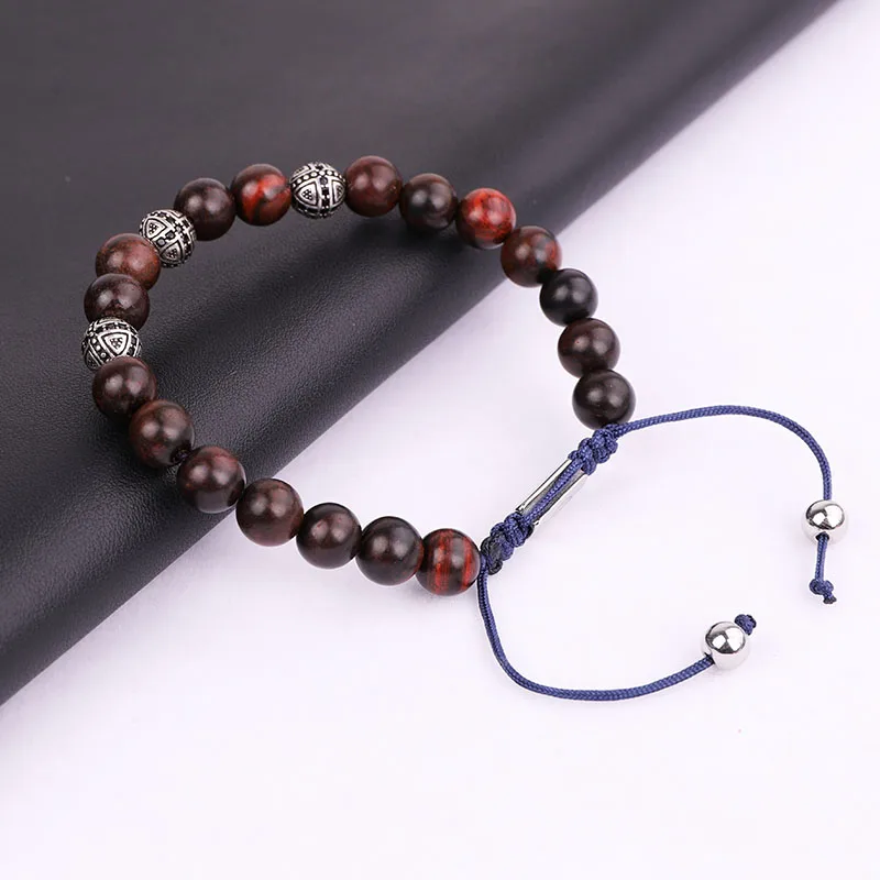 New Vintage Men Jewelry Bracelet Antique Color Cross Ball Wooden Beaded Macrame Bracelet Bangle