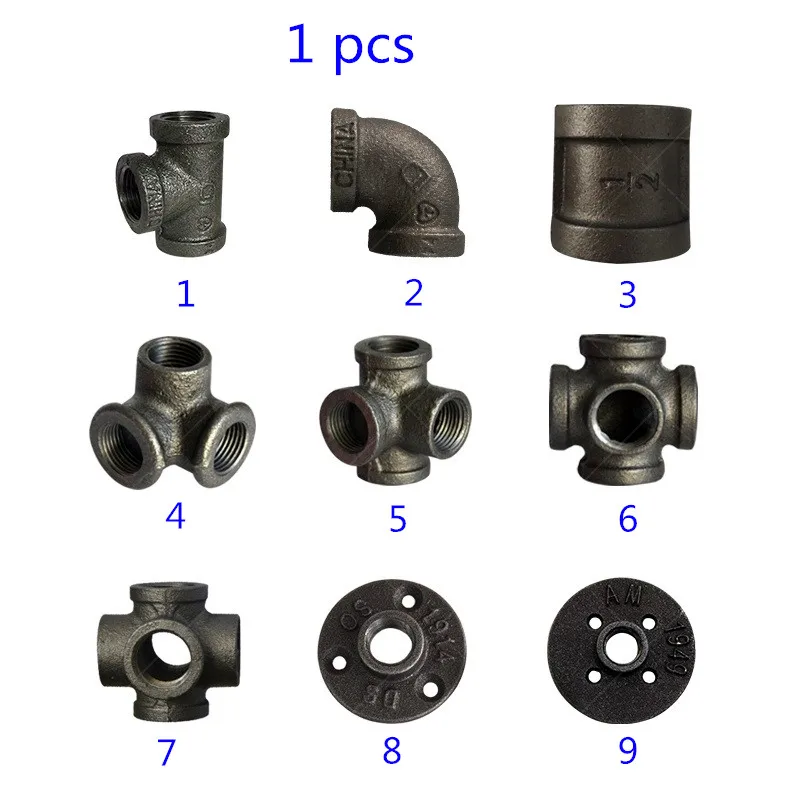 Antique Style Dark Grey Colour Malleable Iron Pipe Fittings Connector Black Cast Threaded Pipes 1/2'', 3/4'', 1''